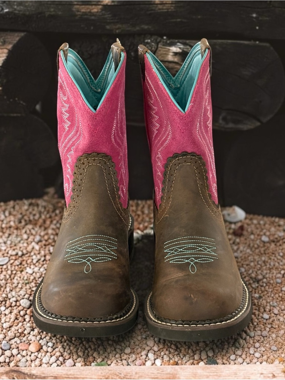 Ariat Fatbaby Heritage Brown Leather Pink Suede Teal Stitching Western Boots
